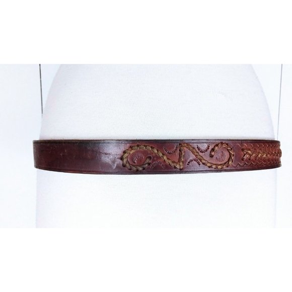 Vintage tooled braided distressed leather western belt - Picture 4 of 5